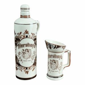 Vintage 1982 Hershey’s Syrup Dispenser & Pitcher Porcelain Set Cocoa Bean Baby